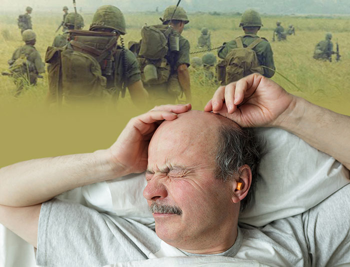 Many Veterans with combat-related PTSD experience nightmares. <em>(Photos: ©iStock/Koldunov; National Archives)</em>  