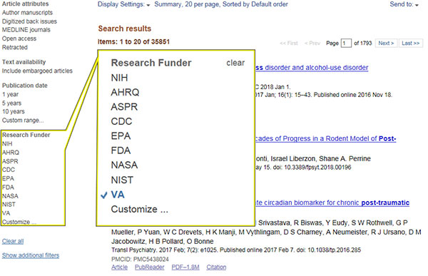 After search results are displayed, on the left menu under “Research Funder” select “VA.” If “VA” is not listed as an option under “Research Funder,” select “Customize” then “VA.” This list will now display articles funded by VA based on the topic searched