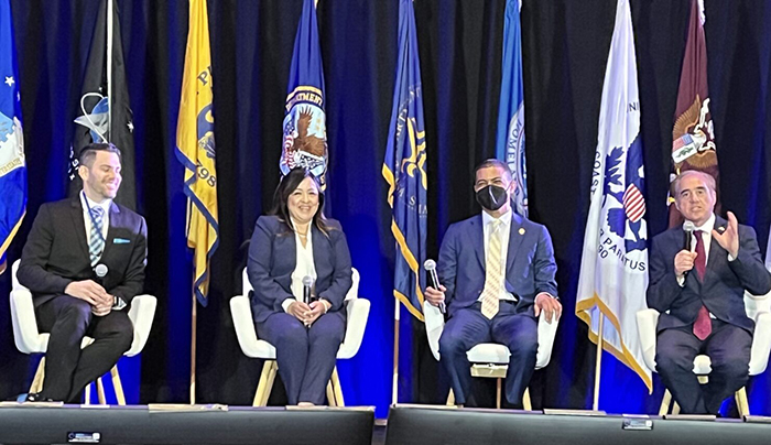 At the 2024 AMSUS National Meeting experts met to discuss the state of research and health care provided to Veterans with military-related toxic exposures. (Left to Right: Dr. Raul Mirza, Ms. Rosie Torres, Dr. Shereef Elnahal, Dr. David Shulkin.)