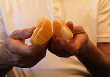  Mindfulness programs typically include exercises in mindful eating. Rather than rush mindlessly through the experience of eating an orange, for example, participants are taught to think about where the fruit came from, and to slowly and deliberately savor its appearance, scent, texture, and taste. (Photo by Mitch Mirkin) 