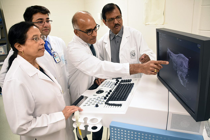 Study researchers Drs. Snigdha Banerjee, Suman Kambhampati, Sushanta Banerjee, and a colleague examine a pancreatic cancer image. (Photo by Jeff Gates)