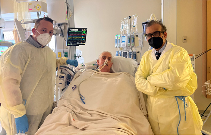 In a groundbreaking operation, David Bennett Sr. (center) received a pig heart transplant in January at the University of Maryland Medical Center, before passing away two months later. Dr. Muhammad Mohiuddin (right), whom former VA scientist Dr. Richard Pierson has collaborated with on studies of transplanting animal organs into humans, was a lead surgeon on the Maryland team. (Photo courtesy of University of Maryland School of Medicine)
