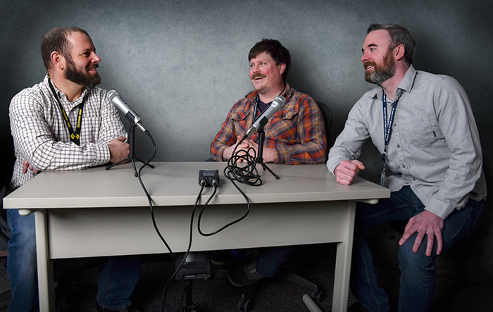Brandon Rea (far right) and Dr. Levi Sowers (center), co-hosts of the Vets First Podcast, with Dr. Oliver Gramlich of the VA Center for the Prevention and Treatment of Vision Loss.
(Photo by Michael Feddersen)
