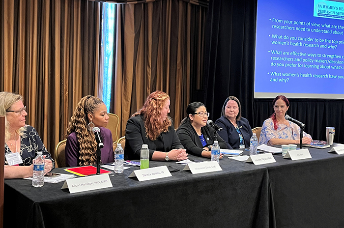 Senior leaders from VA and external agencies gathered to discuss key issues facing Women Veterans at the 2023 Women's Health Research Conference in Crystal City, Virginia. (From left to right: Dr. Alison Hamilton, Zaneta Adams, JD, Maureen Elias, Lourdes Tiglao, Joy Ilem, and Kayla Williams.)