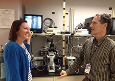 Lab assistant Marlies Ozias (left) chats with Dr. Peter Reaven at the Phoenix VA Medical Center