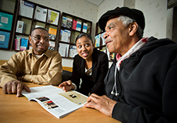    One in five VA patients has diabetes, and a new study will examine the role that vascular inflammation plays in the disease. Here, Veterans Glenn Williams
    (left) and Ronald Ross (right), both participants in a diabetes study at the Philadelphia VA, meet with study coordinator Kirsten Rogers. <em>(Photo by Tommy
    Leonardi)</em>