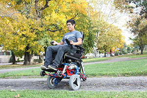 The Human Engineering Research Laboratory has spearheaded development and testing of the MEBot Wheelchair, a robotic mobility device that can climb curbs and navigate rough terrain while maximizing user safety. (Seated in the MEBot: Dr. Jorge Candiotti. Photo courtesy HERL VA Pittsburgh Healthcare System.)